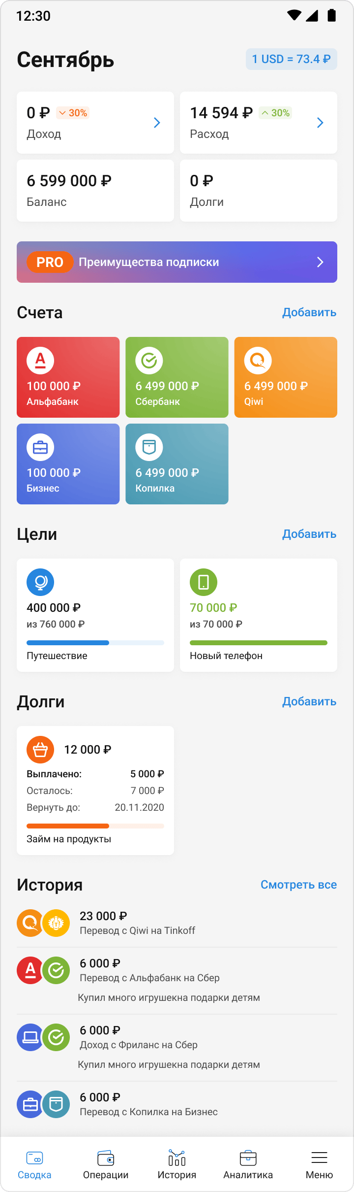 Экран «Сводка» в Yoney: доход и расход за месяц, баланс по счетам, цели и долги